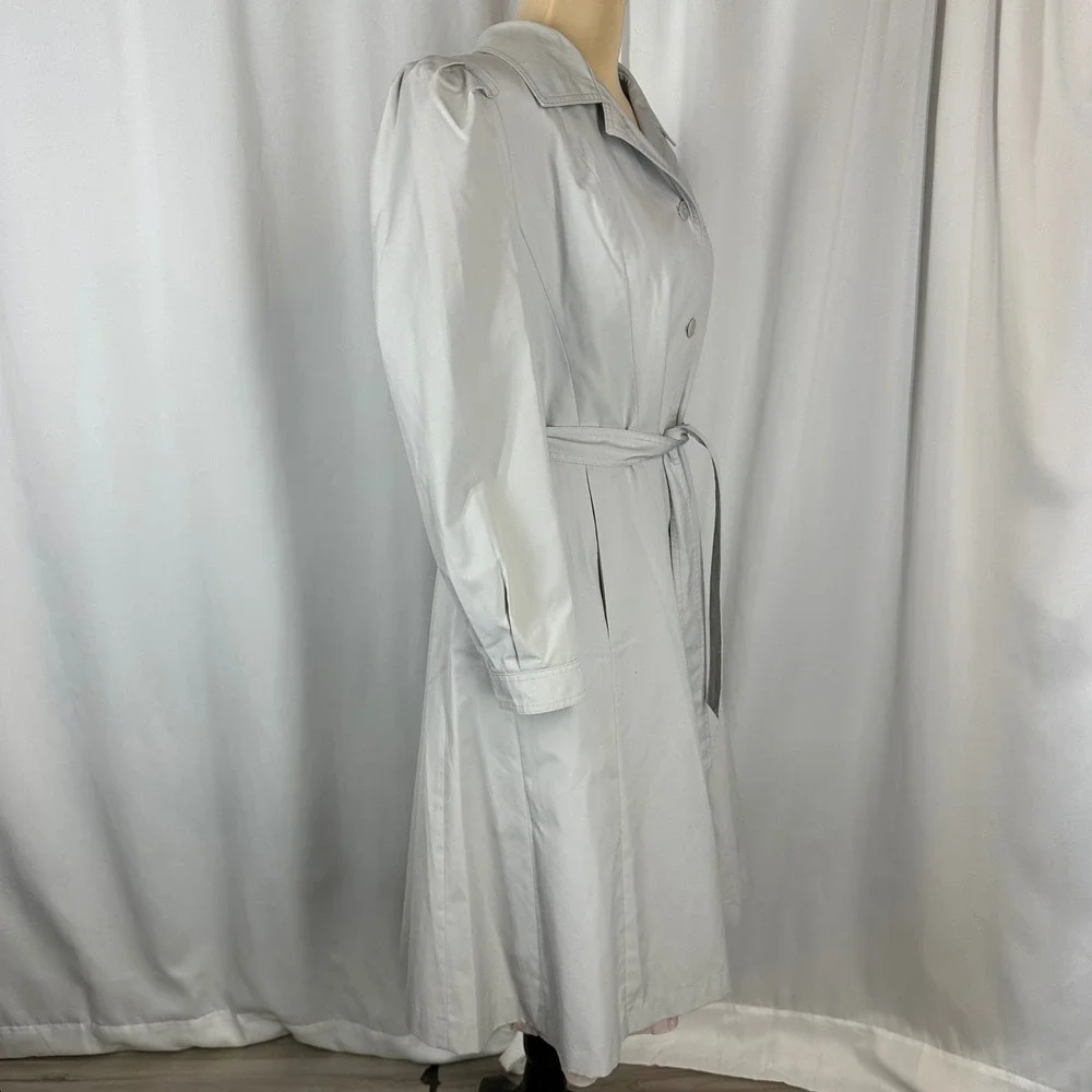 Vintage Light Gray Trench Coat Dress Size 10 Belted Pleated‎ Midi Coat READ